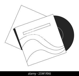 Vinyl record inserted in album cover black and white 2D line object Stock Vector