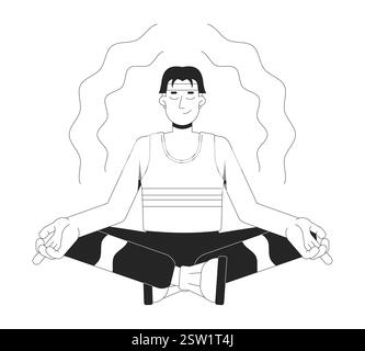 Korean man sitting in lotus position, meditating peaceful black and white 2D line character Stock Vector