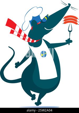Rat or mouse a cook. Rat or mouse holding a fork with sausages. Funny rat or mouse holding a fork with appetite sausages. Isolated on white background Stock Vector