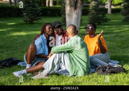 Relaxed group of African American close friends sitting on grass in park having fun picnic together Stock Photo