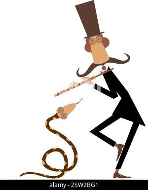 Cartoon musician playing flute to snake. Funny tamer in the top hat playing flute to snake. Isolated on white background Stock Vector