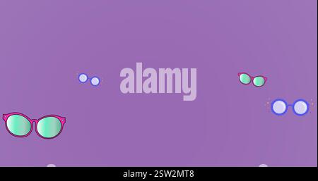 Image of pink and blue glasses moving over purple background Stock Photo