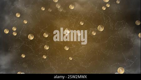 Image of network of connections with bitcoin icons over clouds on black background Stock Photo