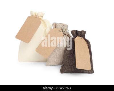 Burlap bags with tags isolated on white Stock Photo