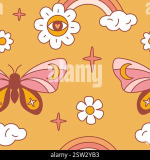 Psychedelic elements seamless pattern. Groovy hippie objects. Repeated print. 1970s trip elements. Trendy wallpaper. Sky rainbow. Stars or clouds. Fly Stock Vector
