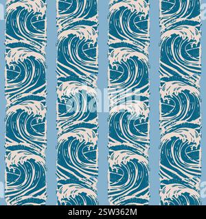 Vintage Ocean Waves in Blue and Beige Stripe Pattern. Bold vintage-style ocean waves, deep blue on beige and blue striped background. Inspired by Stock Vector
