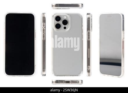 New York, USA - February 20, 2025: Iphone 15 pro max in transparent cover different view isolated on studio background Stock Photo