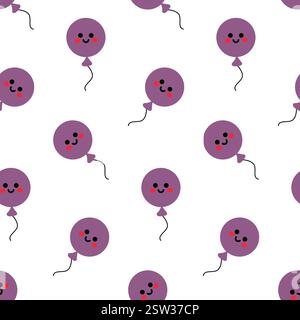 Seamless Pattern Of Purple Balloons With Smiling Faces On White Background Stock Vector