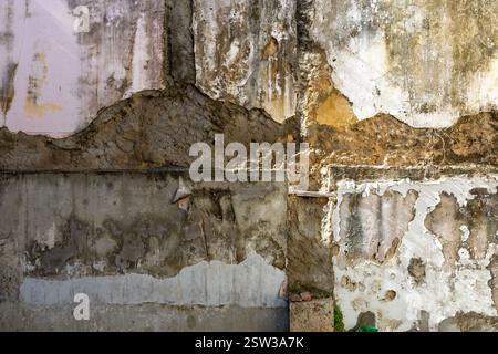 Closeup​ pattern​ of​ surface brick​ wall​ concrete plaster​ for​ vintage​ background. Colors ocher, grey. Vertical line Stock Photo