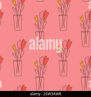 Pattern of Colorful Stylized Tulips in Vases on a Pink Background Stock Vector