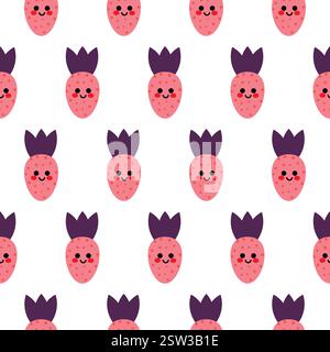 Cute Pink Strawberry Pattern Featuring Happy Faces on a White Background Stock Vector