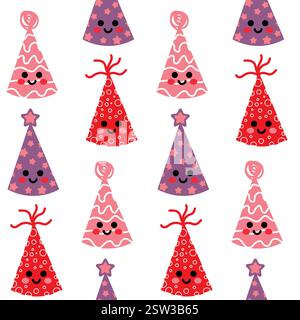 Seamless Pattern of Colorful Party Hats with Faces and Decorations Stock Vector