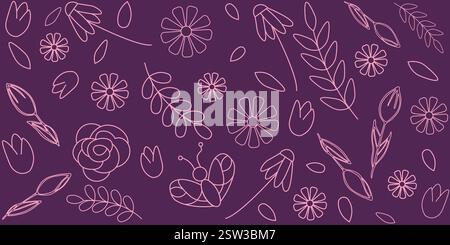 Banner Featuring Delicate Pink Floral Outlines On Dark Purple Background Stock Vector