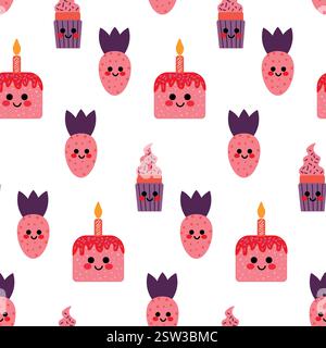 Seamless Pattern of Cute Cakes and Cupcakes with Smiling Faces Stock Vector