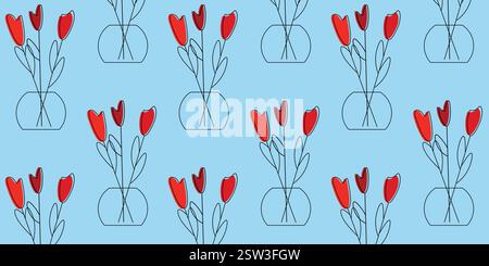 Red Tulip Vases on a Light Blue Background Stock Vector