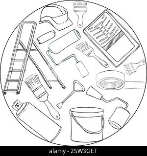 Graphic line vector circle round composition of Ladder, can, bucket with color, brush and protective helmet. Room painter. Construction worker. draw d Stock Vector