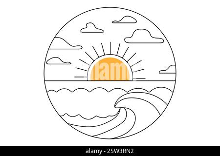 Continuous Sunset one line art drawing with outline vector illustration and minimalist design. Stock Vector