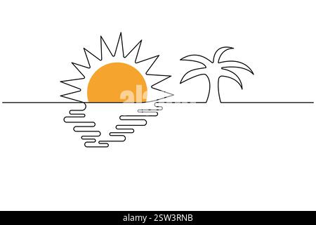 Continuous Sunset one line art drawing with outline vector illustration and minimalist design. Stock Vector
