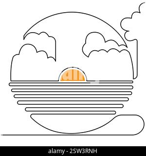 Continuous Sunset one line art drawing with outline vector illustration and minimalist design. Stock Vector