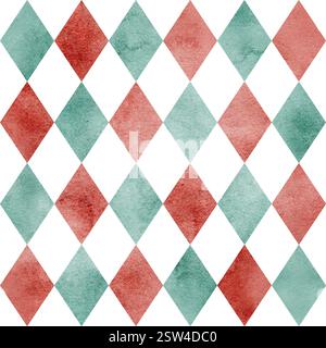 Watercolor Rhombus seamless Pattern in red and green Circus colors. Illustration of vintage Carnival backdrop for wallpapers or party wrapping paper. Stock Photo