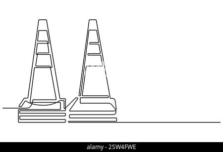 continuous line vector illustration design traffic cone, Road cone continuous one line drawing vector illustration, Traffic cone safety sign Stock Vector