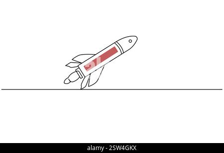 One continuous line drawing of spacecraft. Vector illustration. Rocket space ship launch Stock Vector