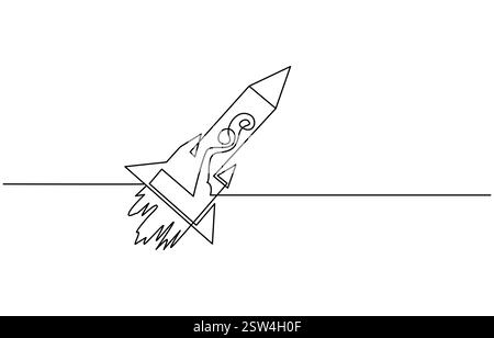 One continuous line drawing of spacecraft. Vector illustration. Rocket space ship launch Stock Vector