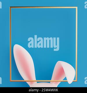 Easter Rabbit Ears in Golden Frame with Free Space for Your Design on a blue background. 3d Rendering Stock Photo