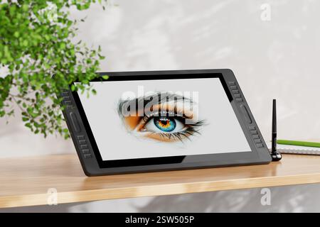 Big Size of Digital Graphics Drawing Tablet Monitor with Pen and Abstract Drawing of Eye on a Wooden Table Workplace extreme closeup. 3d Rendering Stock Photo