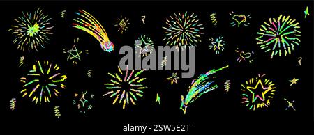 Fireworks cute pencil lines doodle elements for birthday, anniversary. Set of colorful rainbow sketches in style of lightning, explosion, sun rays Stock Vector