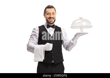 Server holding an empty cake plate isolated on white background Stock Photo