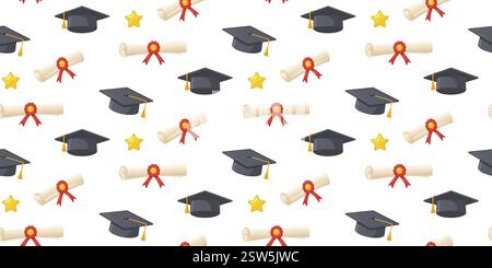 Graduation pattern. Seamless pattern with black graduation caps, diplomas, gold stars, and red ribbons on a white background. For greeting card, texti Stock Vector
