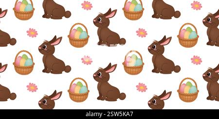 Easter bunnies and eggs pattern. Seamless pattern with Easter bunnies, egg baskets and pink flowers on a white background. Holiday design for greeting Stock Vector