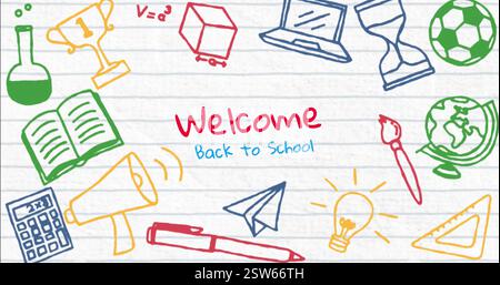 Image of welcome back to school text over school items icons on white background Stock Photo
