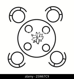 Vector illustration of a round table with four chairs and a decorative centerpiece seen from a top view. Ideal for dining room interior design and res Stock Vector