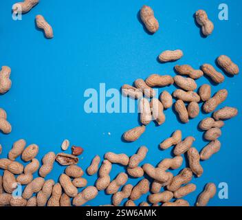 Scattered peanuts on a blue background with broken shells and nuts exposed.Copy space for text. Stock Photo