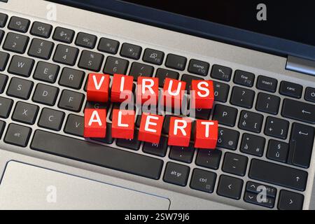 text 'VIRUS ALERT' on a laptop keyboard. Cyber ​​security concept Stock Photo