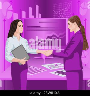 Businesswomen shaking hands at meeting in office. Successful business and financial agreement. Teamwork design concept. Flat vector illustration. Stock Vector