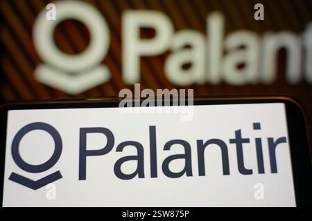 Roosendaal, The Netherlands - February 20, 2025: A mobile phone displaying the company logo of Palantir. Stock Photo