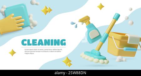 Cleaning service background design with 3d household products and supplies Stock Vector