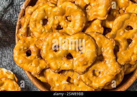 Organic Healthy Flat Pretzel Crisps in a Bowl to Eat Stock Photo