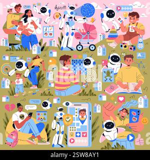 AI Co-Parent concept. This illustration portrays the supportive roles of AI in parenting, showcasing learning, play, and emotional connection. Families engage with AI in various nurturing contexts. Vector illustration. Stock Vector