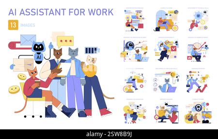 AI Assistant for work enhances productivity through smart tools. This collection explores how AI simplifies tasks, boosts teamwork, and fosters skill development for a more efficient workplace. Stock Vector
