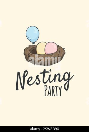 Nesting party. Poster template for children's party. Nest with colorful eggs and balloons. Vector illustration for flyer Stock Vector