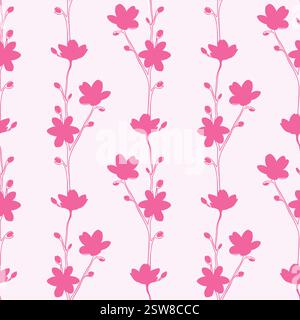 Spring Vibe, branches with silhouettes pink flowers and buds, seamless pattern of spring mood, sakura, cherry flowers.Ornament. Vector illustration Stock Vector