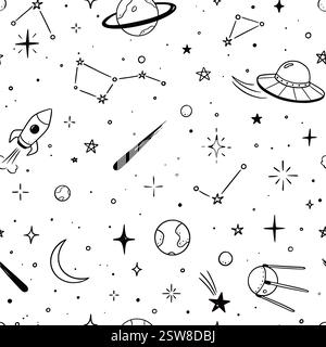 Space star galaxy vector seamless pattern. Hand drawn doodle sketch line style galaxy planet star, rocket, moon cute sky background. Space planet kid doodle universe pattern. Vector illustration Stock Vector