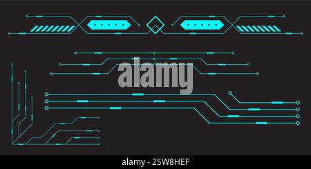 HUD digital futuristic user interface horizontal frame. Sci Fi high tech screen. Cyberpunk game menu touching monitoring hologram dashboard panel Stock Vector