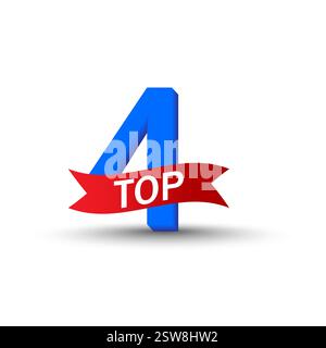 Blue four figure. Red TOP ribbon. Simple numeric shape. Vector ranking icon. Stock Vector