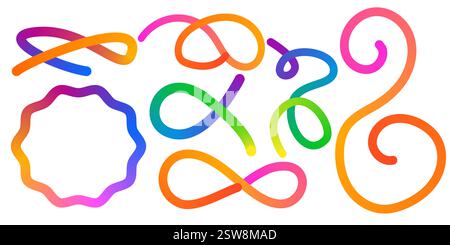 Abstract Color Rainbow Gradient Shapes Set. Vector Graphic with Wavy Lines in Bright Colors. Colorful Fluid Wave Pattern. Squiggly Design Elements. Stock Vector