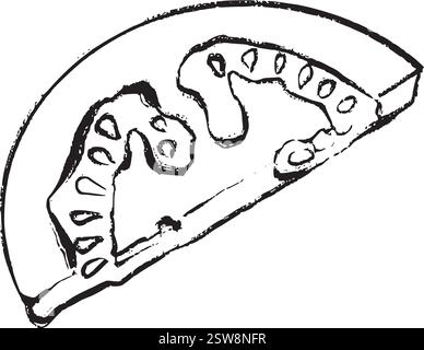 Black and white vector drawing of a tomato slice. Suitable for culinary projects, packaging, logos, botanical illustrations, and design. Stock Vector